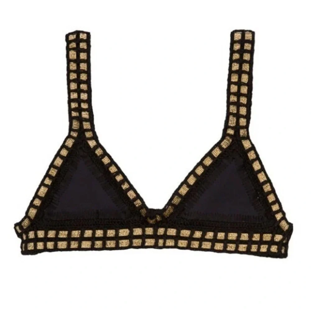 Kiini Chacha Bikini Set Women S Black Gold Crochet Trim Triangle Boho Festival - Picture 16 of 16
